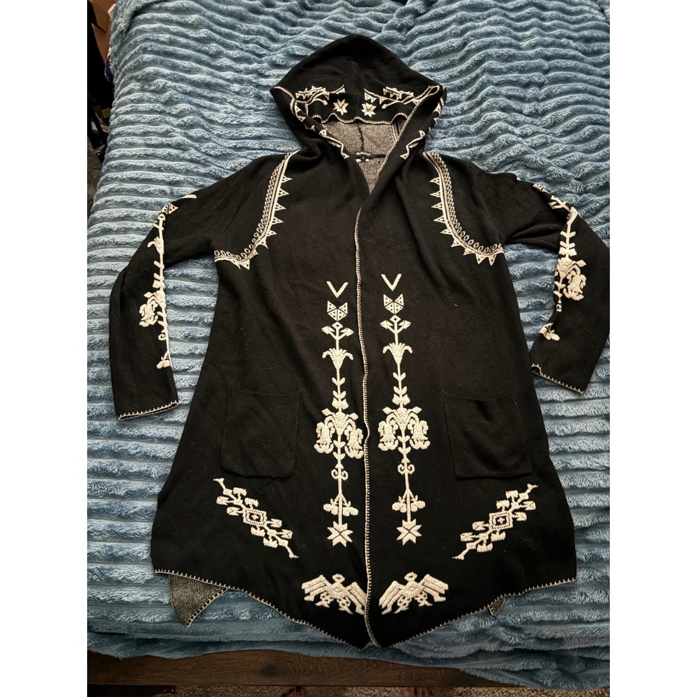 Get Primped Black Embroidered Hooded Open Front Long Cardigan Sweater Womens S